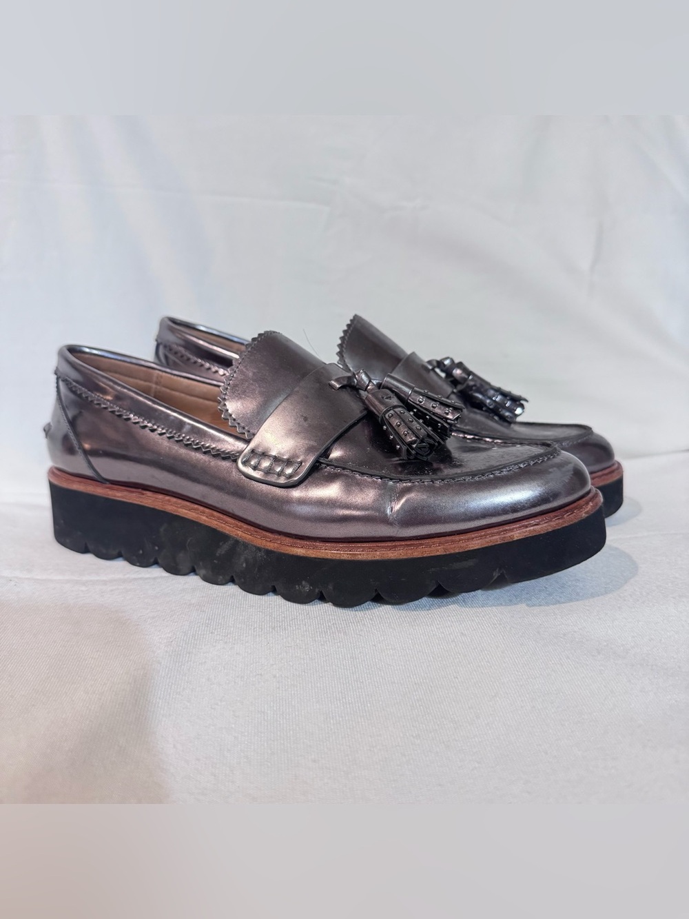 Coach Irvine Metallic Gunmetal Tassel Loafers Women’s 8.5 Leather Lug Sole